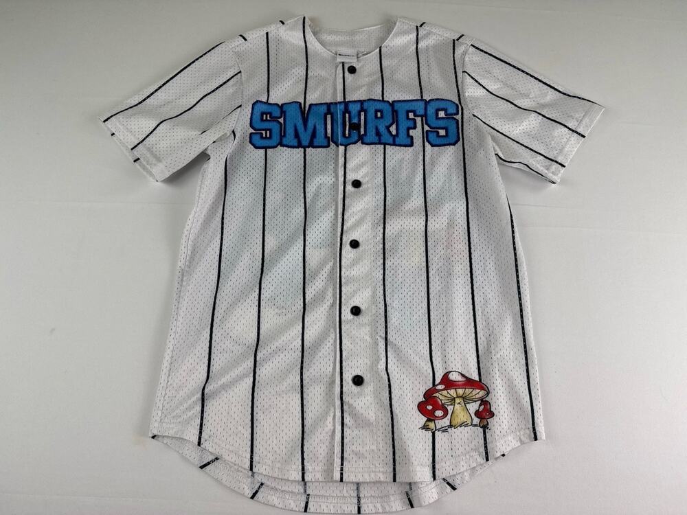 The Smurfs Baseball Jersey Men’s Small White Pinstripe Graphic Button Up